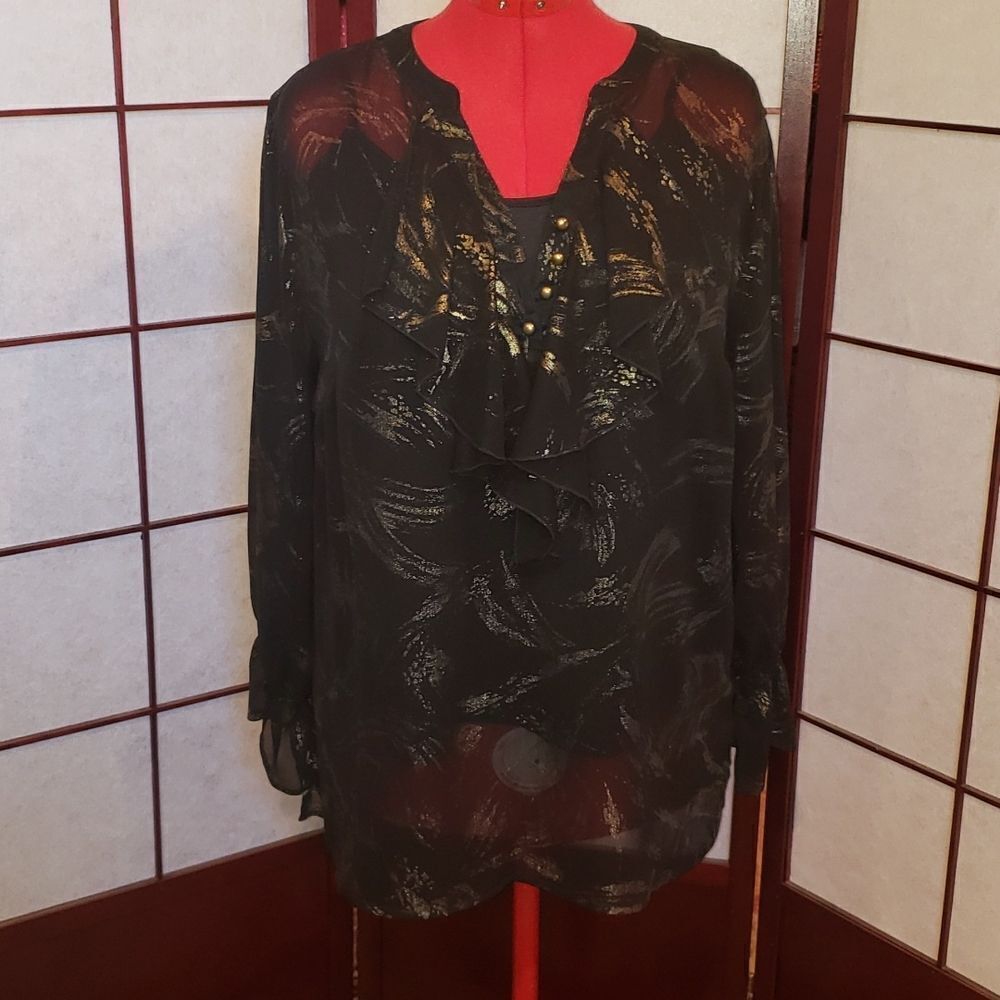Avenue Studio Sheer Black Gold Splash Blouse